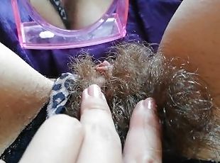 Extreme hairy bush play with mirror big clit pussy