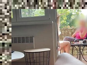 My husband is jerking off and cum in front of my mom a while we talk on balcony