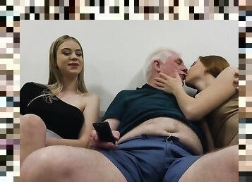 Two beautiful young pussies have nice threesome with grandpa