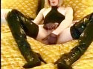 Stroking my girl cock in bed wearing my sexy shiny leather boots