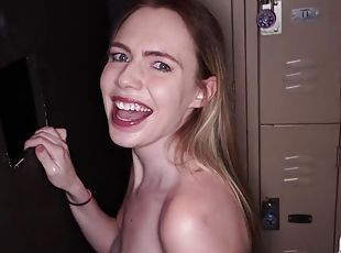 Sexy Blonde Rebel Drains Dudes And Swallows It All - Blowjob and handjob thru gloryhole