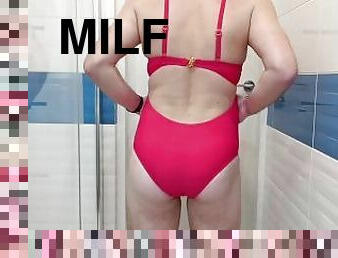 badning, milf, creampie, undertøj, pool, fetish, bikini