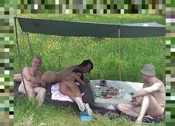 Outdoor group fuck with amateur beauty