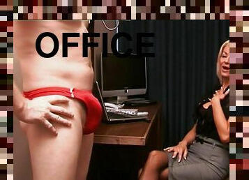 Small penis mistress jerking off in office in erotic couple