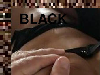 Hot girl in black lingerie masturbates while her neighbor strokes her breasts