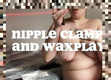 REDHEAD HAIRY GIRL EXPLORING WAXPLAY AND NIPPLE CLAMPS