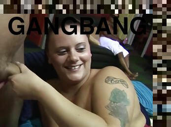 Gangbang and facials for brunette chubby bitch