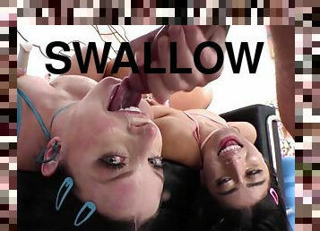 SWALLOWED Beautiful busty bombshells Angela White and Violet Myers slurp on a huge dick - Logan long
