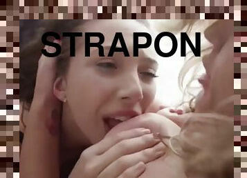 Hot blonde and brunette strapon sex