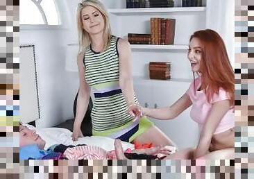 Slutty Step-Mom Catches Her Redheaded Step-Daughter Blowing A Guy Off And Joins On The Action