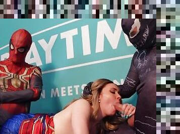 PLAYTIME Cosplay Captain Marvel BLOWS Venom and Spiderman (DOUBLE CUMSHOT)