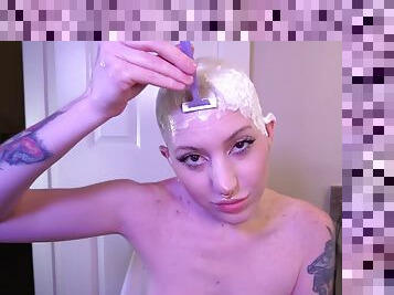 Tattooed Bald Slut Razor Shaves Head And