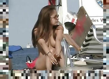 allaperto, videocamera, spiaggia, voyeur, brunette