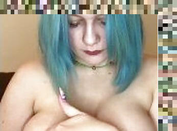 Hot Blue Hair Bitch Fuck's her Huge Tits with a Dildo