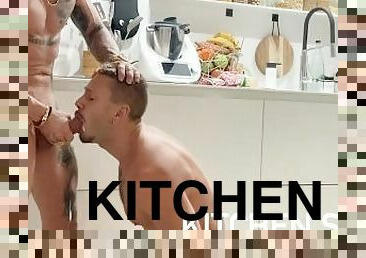 Gay Kitchen Sex with tattooed muscle guy