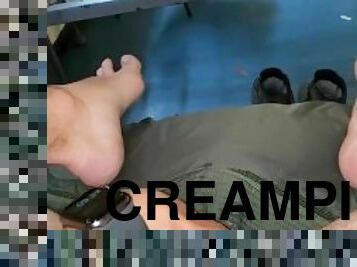 Jerking my cock in the barracks, cumming and using my cum as lube