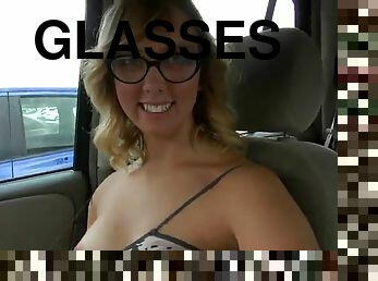 Calm cowgirl in glasses giving massive dick superb blowjob in reality close up shoot