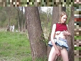 Masturbation in the woods along slim teeny