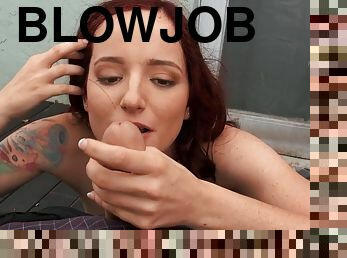 Ginger hottie gives blowjob and then turns around for sex