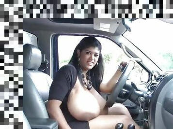 Kristina Milan drives car with huge tits out