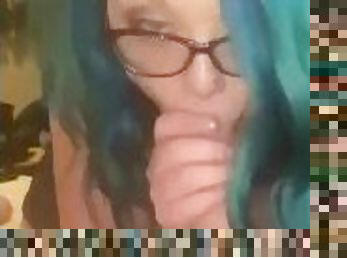 Blue hair hottie gives sloppy blowjob