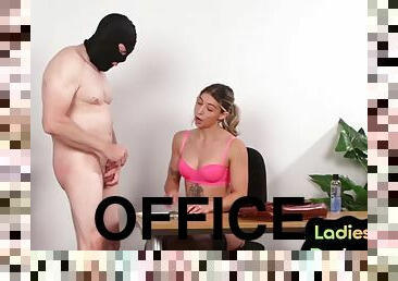 CFNM office dominatrix in lingerie ties bottom asshole with strapon