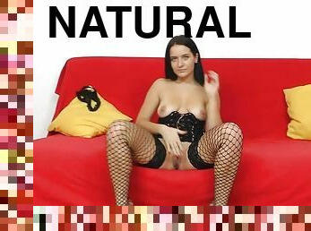 onani, pussy, tenåring, strømper-stockings, naturlig, sofa, alene, barbert, brunette