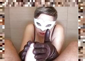 MILF made handjob in leather gloves. Passionate POV hand job