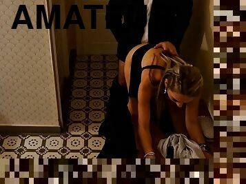 The amateur couple was ready to go to a swingers party, but decided at the last minute to return to the hotel room for a quick fuck