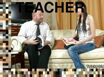 Hot sex with a teen brunette and her lucky old teacher