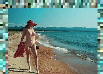 Walking naked on a sandy beach, fucking a huge dildo and having sex with a boyfriend