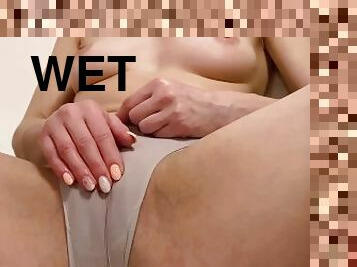 Tapping my clit through soaked wet panties till finally cum. Girl cums in panties