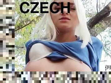 Czech lady shows her boobs and gets fucked in public masturbation for money