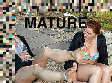 Two mature friends get their lesbian groove on at the pool