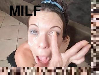 Petite MILF slut giving me a HANDJOB till I cum on her open EYE