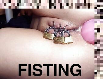 Fisting of Anal when Caged Pierced Pussy Closed by Padlock