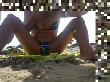 nippleringlover in sexy bikini flashing pierced pussy & large gauge pierced nipples at public beach