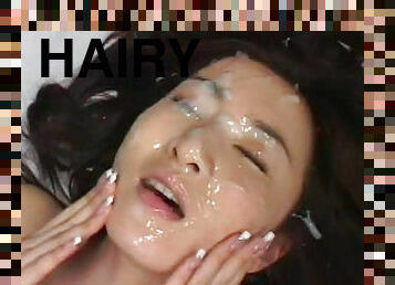 Hairy japaneze gets covered in jizz