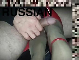 russisk, squirt, amatør, cumshot, handjob, føtter, strømper-stockings, cum, nylon, ben