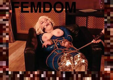 Positive Femdom Lesbian Rope Bondage Process Milf In Latex Rubber With Gag With Arya Grander