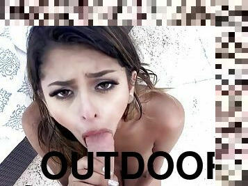 Sophia leone gladly sucking and jerking big prick outdoors