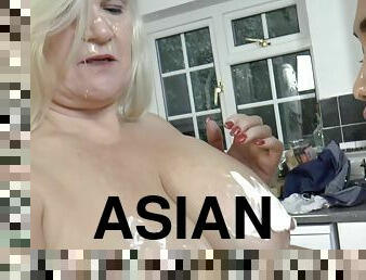 Food covered gran licked by asian lesbian