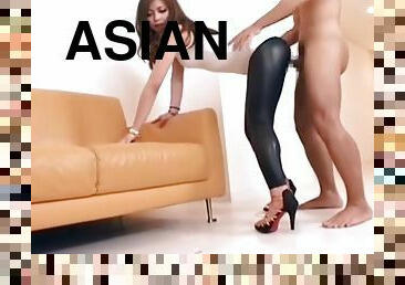Hot asian in wetlook leggings