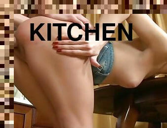 Tight pussy schoolgirl teen ass fucked in the kitchen