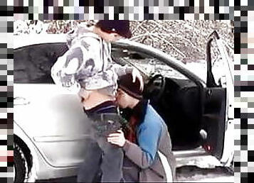 Twinks blow job in the snow, then come inside for bareback