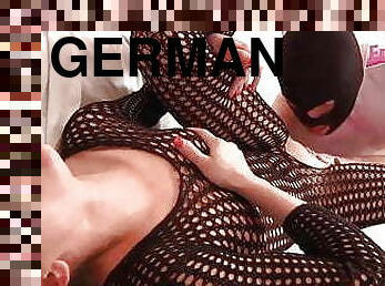 Young German teen with small tits in nylon fishnets fucks