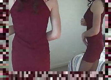 Crossdresser in tight dress gets ready