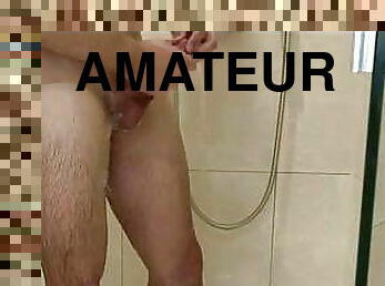 Straight guy washes pierced cock in the shower 