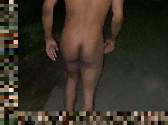 Married Twink Stripping naked outside at night 