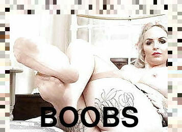Tattooed blonde slut teases big juicy tits and sexy nylon feet
